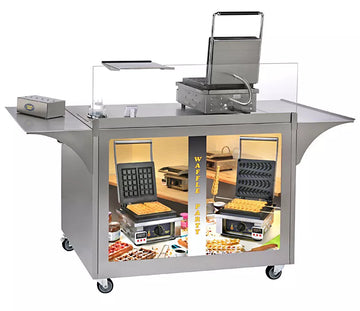 Cart mobil din otel inoxidabil pentru prepararea vafelor - model cu sistem de incalzire 40W Cart mobil din otel inoxidabil
