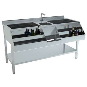 Cocktail bar station inox, 160 cm, cuva gheata, speed rack dublu, cuva spalare Latime mm 1600 Adancime mm