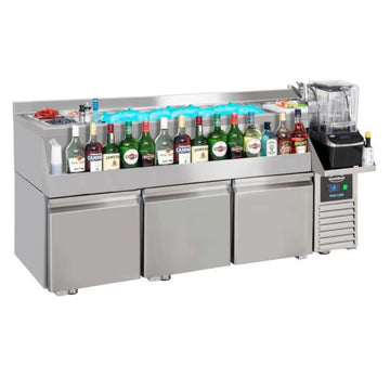 Cocktail bar station inox, refrigerat cu 3 usi, 170 cm, cuva gheata, speed rack, cuva spalare, suport blender