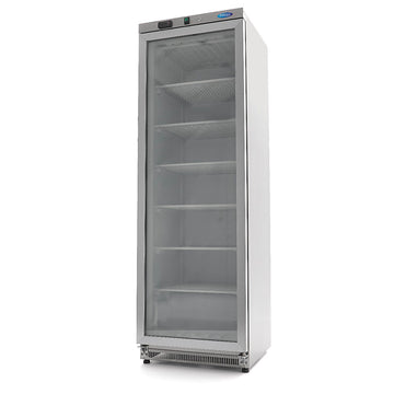 Congelator vertical cu usa sticla, -18C -22C, exterior inox, racire statica, 6 polite fixe, 400 litri