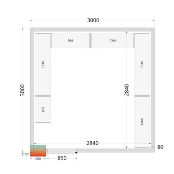 CR 300x300x220 WD-White, 1 hinged solid door, Gama de panouri pentru camere