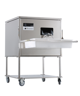 Masina industriala de lustruit tacamuri Frucosol SH7000 cu stand pe roti – 7000-8000 piese pe ora, granule vegetale 8.5 kg, lampa UV, motor silentios, pentru hoteluri mari si catering cu 300 couverts