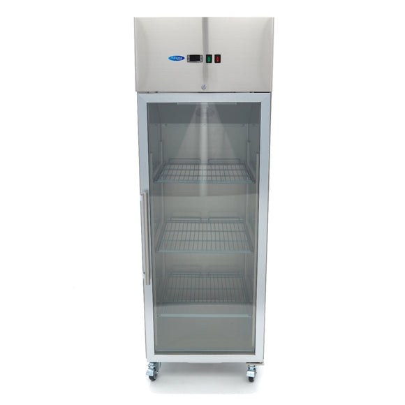 Dulap de congelare inox cu usa sticla, -18C -22C, racire ventilata, 3 polite GN 21, 600 Litri, cu roti