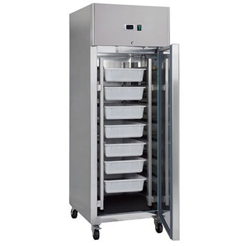 Frigider inox pentru peste 600 Litri, cu 7 caserole 60x40 cm, 08 C, agent frigorific ecologic R290, cu roti