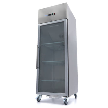 Frigider inox 700 Litri, GN 21, cu usa sticla, 08 C, agent frigorific ecologic R290, cu roti - clasa energetica B