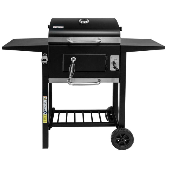 Grill de gradina pe carbune cu capac si gratar emailat 2x masuta laterala 42x30 cm