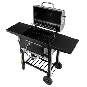 Grill de gradina pe carbune cu capac si gratar emailat 2x masuta laterala 42x30 cm