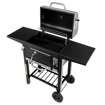 Grill de gradina pe carbune cu capac si gratar emailat 2x masuta laterala 42x30 cm