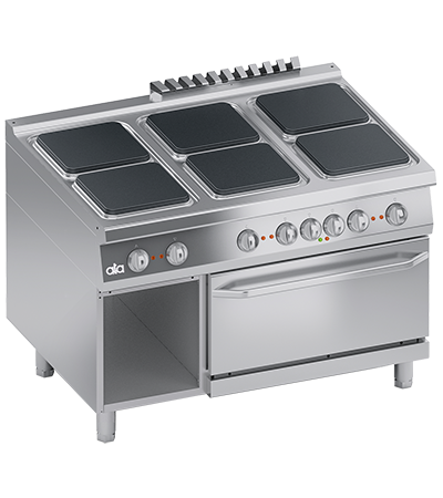 Masina de gatit electrica cu 6 plite, cuptor electric GN 2/1, cu baza deschisa, 29.40 kW