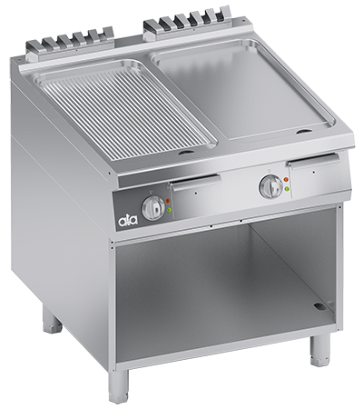 Plita fry top electrica, suprafata de coacere din inox, 1/2 neted + 1/2 striat,, cu baza deschisa - PERFORMANCE LINE, 14 kW