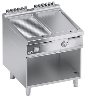 Plita fry top electrica, suprafata de coacere din inox, 1/2 neted + 1/2 striat,, cu baza deschisa - PERFORMANCE LINE, 14 kW
