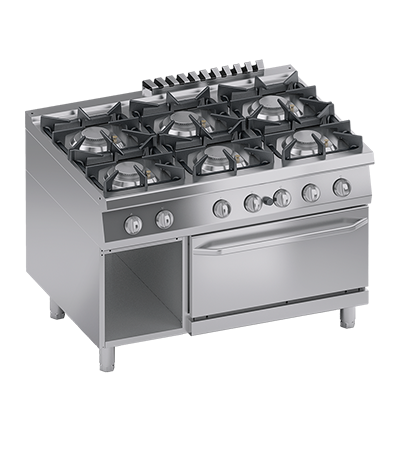 Masina de gatit / Aragaz cu 6 focuri, cuptor pe gaz GN 2/1, cu baza deschisa, 56.50 kW