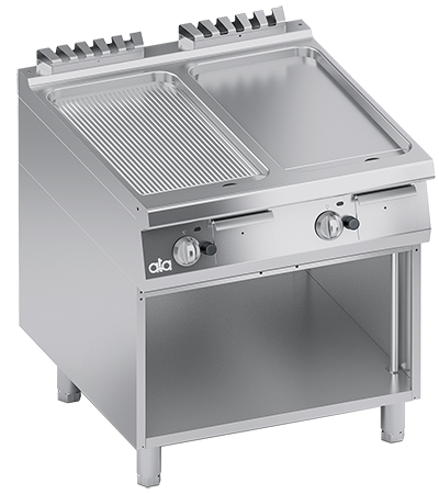 Plita fry top pe gaz, supratafa de coacere din inox, 1/2 neted 1/2 striat, cu baza deschisa - PERFORMANCE LINE, 18 kW