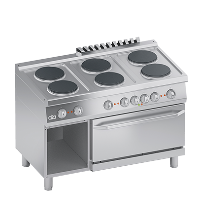 Masina de gatit electrica cu 6 plite, cuptor electric GN 2/1, baza deschisa, 21 kW