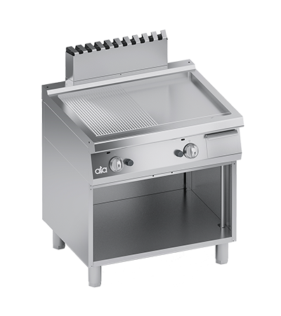 Plita fry-top pe gaz, 1/2 neted 1/2 striat, zona de coacere din inox, baza deschisa - PERFORMANCE LINE, 13.8 kW