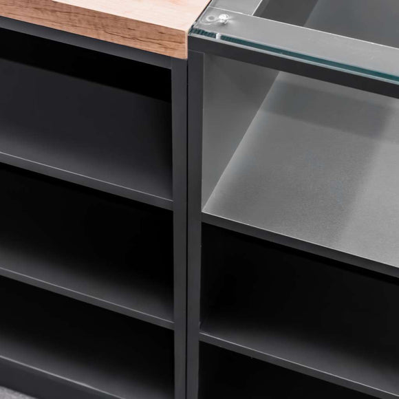 Tejghea magazin impuls cu partea superioara si front vitrat H-90 cm L-270 cm G-60 cm antracit/blat stejar kraft