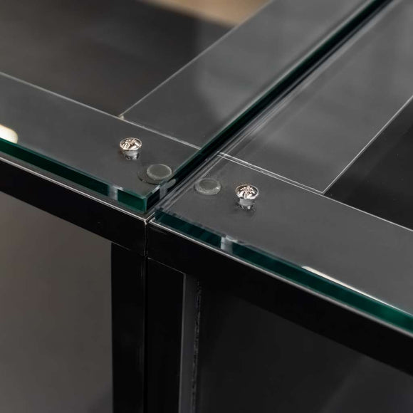 Tejghea magazin impuls cu partea superioara si front vitrat H-90 cm L-270 cm G-60 cm antracit/blat stejar kraft