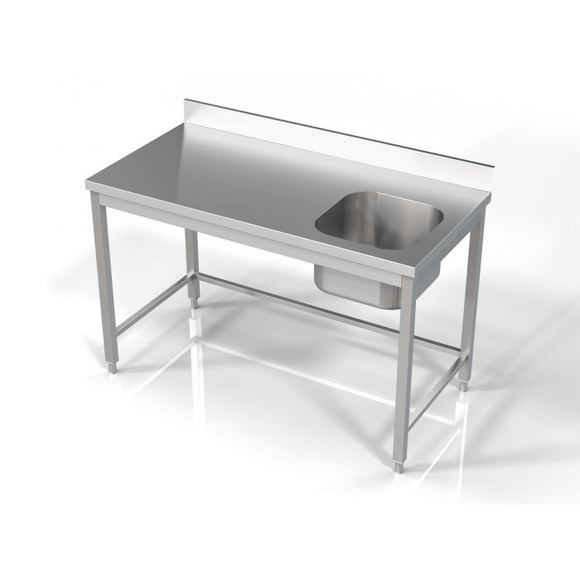 Masa inox 1400 x 700 x H850 mm. cu o cuva 400 x 400 x 250 mm incastrat in blat pe partea dreapta