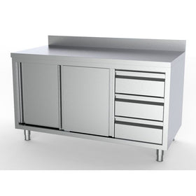 Masa inox tip dulap 2000 x 700 x H850 mm. cu usi glisante si 3 sertare GN 11 pe partea dreapta, inaltator la perete