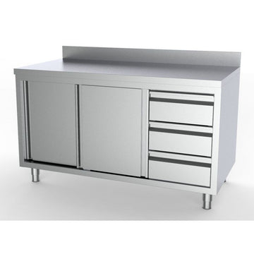 Masa inox tip dulap 2000 x 700 x H850 mm. cu usi glisante si 3 sertare GN 11 pe partea dreapta, inaltator la perete