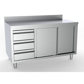 Masa inox tip dulap 2000 x 700 x H850 mm. cu usi glisante si 3 sertare GN 11 pe partea stanga, inaltator la perete