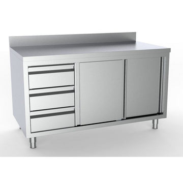 Masa inox tip dulap 2000 x 700 x H850 mm. cu usi glisante si 3 sertare GN 11 pe partea stanga, inaltator la perete