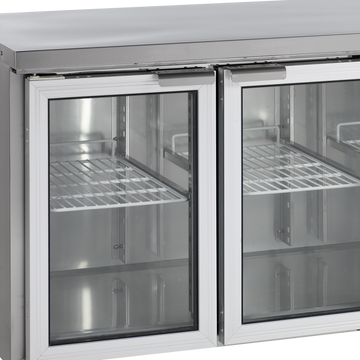 Masa refrigerata inox 3 usi sticla vedere laterala Tefcold – masă frigorifică inox pentru bucătărie profesională restaurant și HoReCa