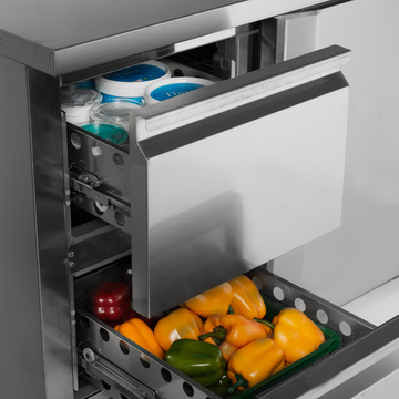 Masa refrigerata inox 4 sertare vedere laterala Tefcold – masă frigorifică inox pentru bucătărie profesională restaurant și HoReCa