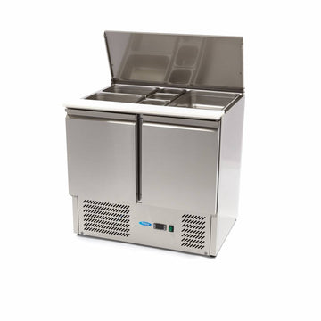 Masa refrigerata inox tip saladeta, 0C 10C cu 2 usi, blat de taiere din polietilena, capac inox, capacitate 257 Litri