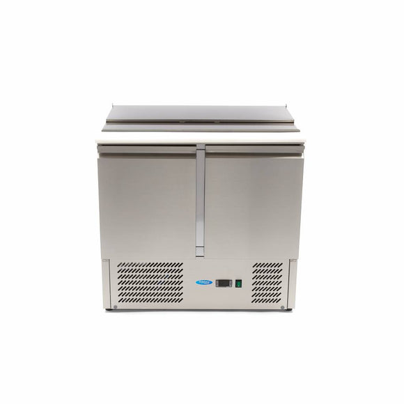 Masa refrigerata inox tip saladeta, 0C 10C cu 2 usi, blat de taiere din polietilena, capac inox, capacitate 257 Litri
