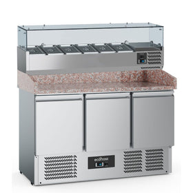 Masa refrigerata preparare pizza cu 3 usi, cu vitrina de ingrediente refrigerata cu 6 cuve GN 13