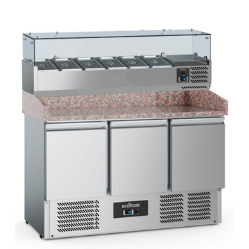 Masa refrigerata preparare pizza cu 3 usi, cu vitrina de ingrediente refrigerata cu 6 cuve GN 13