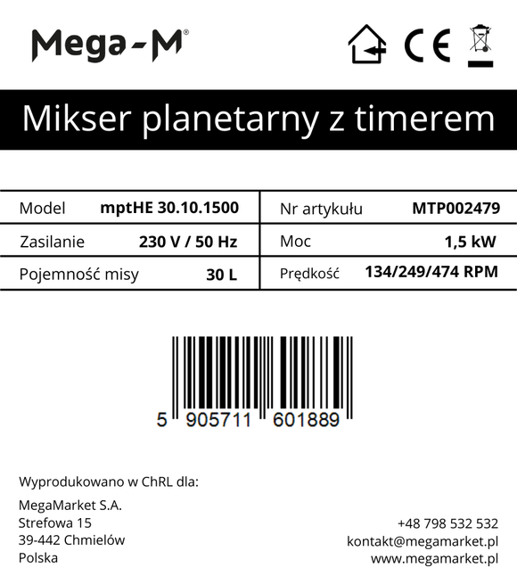 Mixer planetar mptHE 30.10.1500 cu timer 30L