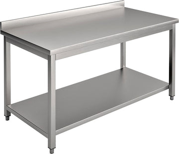 Masa inox, 1600 x 700 x H850 mm. cu o polita, inaltator la perete