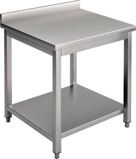 Masa inox, 700 x 700 x H850 mm. cu o polita, inaltator la perete