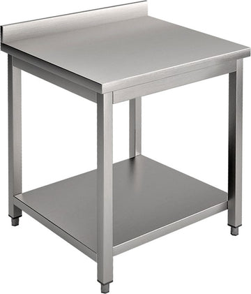 Masa inox, 800 x 700 x H850 mm. cu o polita, inaltator la perete