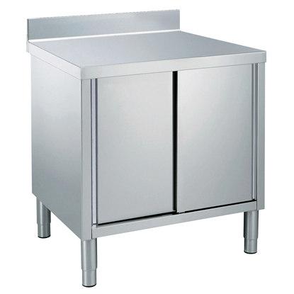 Masa inox tip dulap, 1000 x 600 x H850 mm. cu usi culisante si inaltator la perete