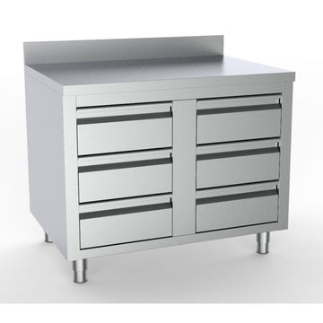 Masa inox tip dulap, 1000 x 700 x H850 mm., cu 6 sertare GN 11, inaltator la perete