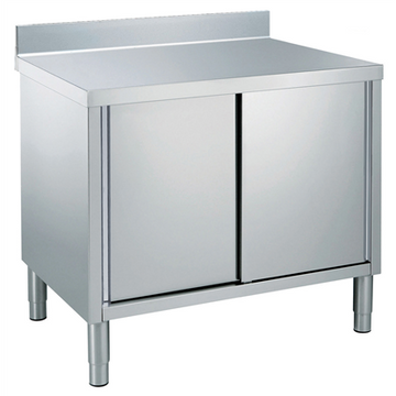 Masa inox tip dulap, 1200 x 600 x H850 mm. cu usi culisante si inaltator la perete