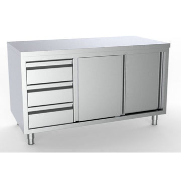Masa inox tip dulap 1400 x 700 x H850 mm. cu usi glisante si 3 sertare GN 11 pe partea stanga