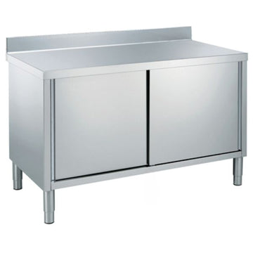 Masa inox tip dulap, 1600 x 600 x H850 mm. cu usi culisante si inaltator la perete