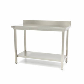 Masa inox 60 x 60x 85 cm, cu polita si inaltator la perete