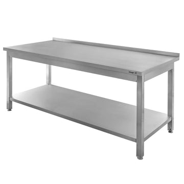 Masa inox 200x70xH85 cm, cu inaltator la peret si 1 polita - imbinari sudate