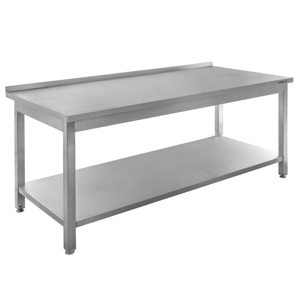 Masa inox 200x70xH85 cm, cu inaltator la peret si 1 polita - imbinari sudate