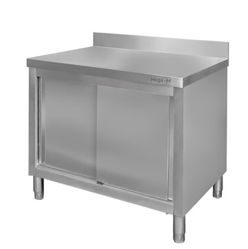 Masa inox tip dulap, 1000 x 700 x H850 mm. cu inaltator la perete, usi culisante Masă tip dulap din oțel