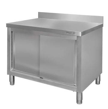 Masa inox tip dulap, 1200 x 600 x H850 mm. cu inaltator la perete, usi culisante Masă tip dulap din oțel