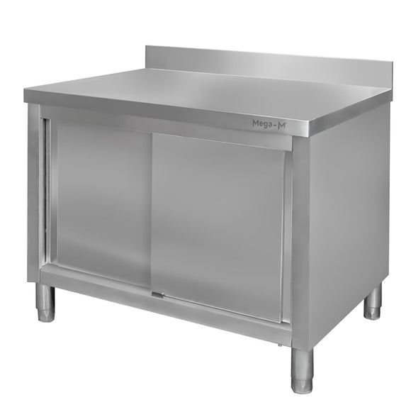 Masa inox tip dulap, 1200 x 700 x H850 mm. cu inaltator la perete, usi culisante Masă tip dulap din oțel