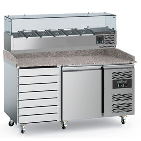 Masa refrigerata preparare pizza cu 1 usa 7 sertare, cu vitrina de ingrediente refrigerata cu 6 cuve GN 13