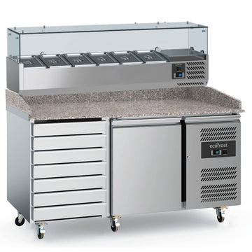 Masa refrigerata preparare pizza cu 1 usa 7 sertare, cu vitrina de ingrediente refrigerata cu 6 cuve GN 13