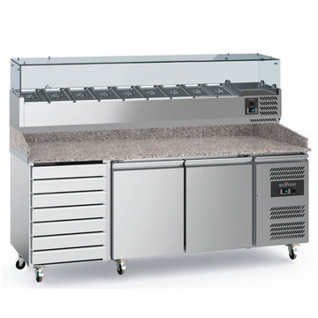 Masa refrigerata preparare pizza cu 2 usi 7 sertare, cu vitrina de ingrediente refrigerata cu 9 cuve GN 13